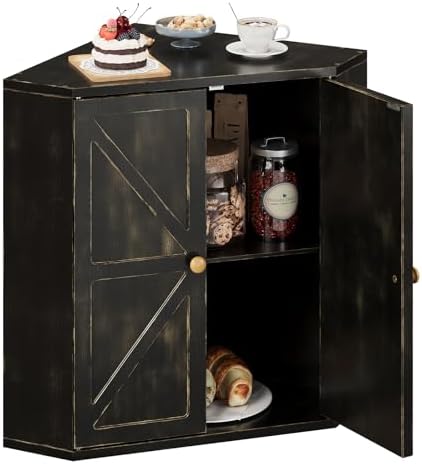 Trironsun Corner Bread Box for Kitchen Counter Double Layer Bamboo Bread Storage Container Large Capacity Bread Storage Bin Farmhouse Breadbox Organizer (Antique Black)