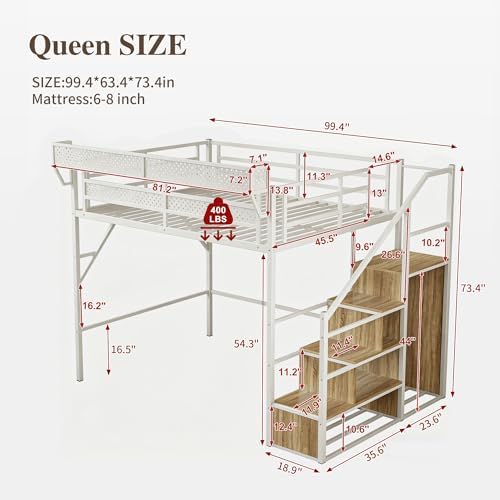 Queen Size Metal Loft Bed with Reversible Stairs and LED & USB Port