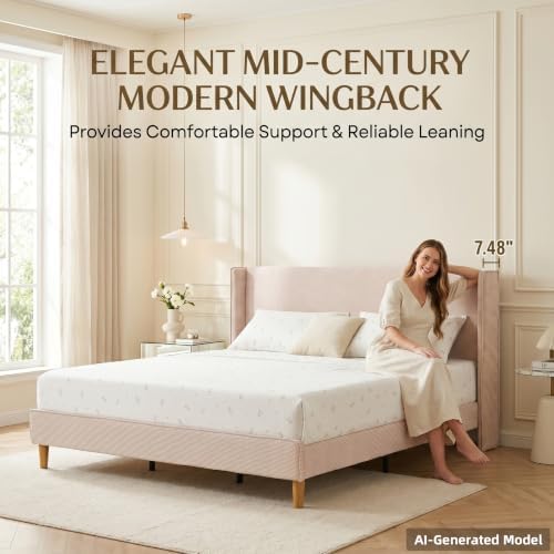King Corduroy Upholstered Platform Bed with Headboard Wingback, Beige