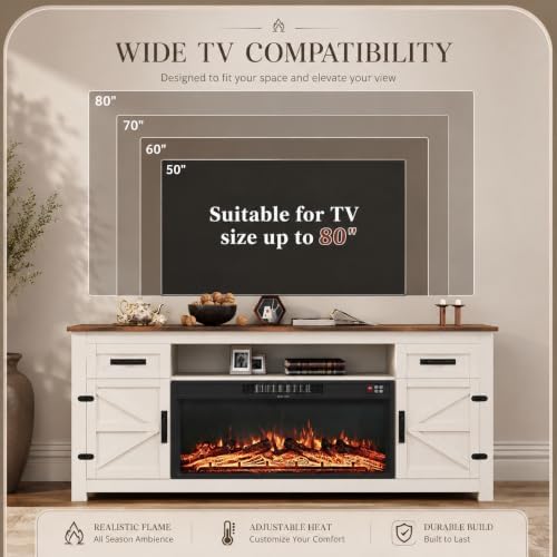 Fireplace TV Stand with Barn Door, 70 inch,White&Black