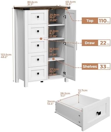 VVFLU Farmhouse Dresser Storage Cabinet Chest of Drawer for Bedroom, 5 Drawer Dresser with Barn Door, 48 Inch Tall White Wood Dresser, Adjustable Shelves, Rustic, for Living Room, Entryway, Hallway