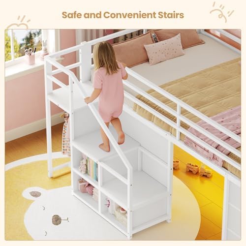 BTHFST Low Loft Bed Twin Size with Stairs,LED Lights,7 Large Drawers, White
