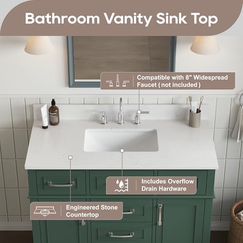 42 Inch Green Bathroom Vanity with Sink, Pre Assembled | Freestanding Solid Wood Bathroom Vanities with 2 Soft Close Doors & 5 Dovetail Drawers, 0.78" Stone Top, Backsplash