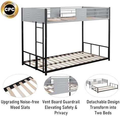 PVWIIK Twin Over Twin Bunk Bed with Vent Board & Noise Reduced Design,Metal Bunk Bed for Dorm,Bedroom,Guest Room,Easy to Assemble,Space Saving, Black