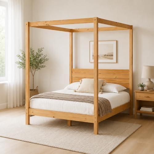 From the Tree Furniture Solid Pine Canopy Bed Frame, Queen — Natural Pine