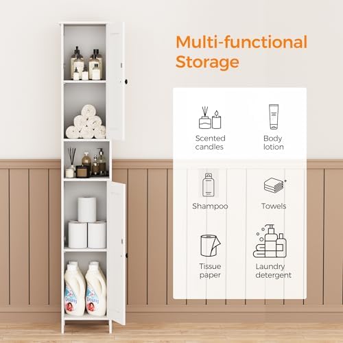 Homleke Tall Bathroom Storage Cabinet with 2 Doors, Slim Bathroom Cabinet | Narrow Storage Cabinet with Adjustable Shelves, Reversible Door, Easy Assembly, for Bathroom, Living Room, White, 11.8''W