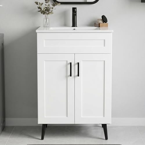 24 Inch Bathroom Vanity with Sink, Modern Wooden Freestanding Bathroom Storage Cabinet with 2 Doors, Metal Legs, Painted Surface, White