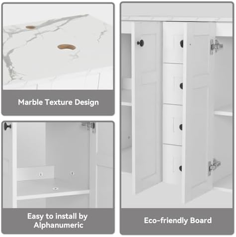 48" Bathroom Vanity with Sink, White Modern Freestanding Bathroom Vanity Cabinet with Marble Texture Top and 4 Drawers, Two Boat Gold Glass Vessel Sinks