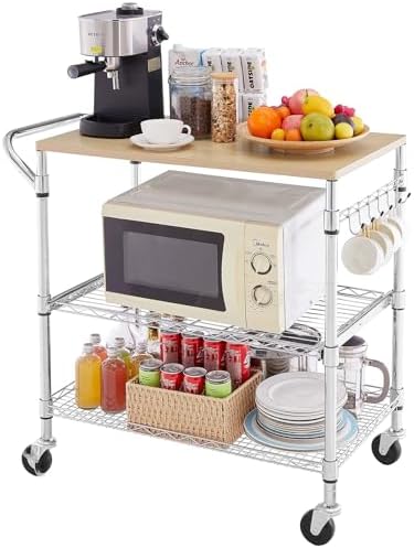 3 Tier Rolling Kitchen Cart with Wood Tabletop, Kitchen Island Carts with Wheels & Slider Shelf, Microwave Cart on Wheels, Coffee Cart with Hooks, 35.4" L*18.1" W*31.9" H，Wood+Chrome