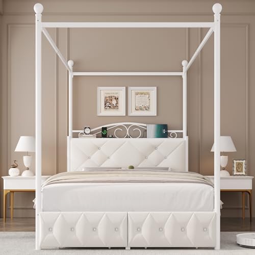 Full Upholstered Canopy Bed Frame with 2 Drawers & Crystal Tufted Storage Headboard Metal Platform Bed with Charging Station & 4 Removable Posts No Box Spring Needed Curtain Not Included, Beige