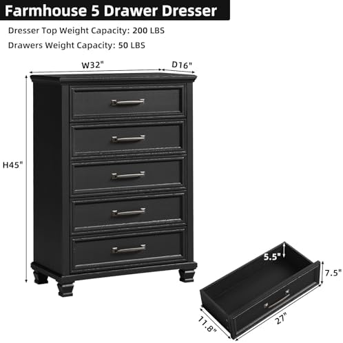 SAVOR LIFE Farmhouse 5 Drawer Dresser for Bedroom, Black