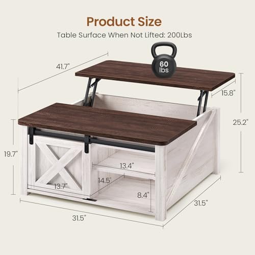 SEDETA 31.5" Lift Top Coffee Table with Storage, Square Coffee Tables for Living Room, Farmhouse Coffee Table with Large Hidden Storage Compartment and Adjustable Shelves, Vintage White