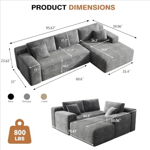 96'' L-Cloud Sectional Boneless Couches for Living Room, Corduroy Fabric Modular Sectional Sofa with Chaise, Cloud-Couch Deep Seat Sofa, No Assembly Required, Gray