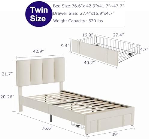 VECELO Twin Bed Frame with Storage Drawer, Heavy-Duty Platform Bedframe with Headboard & Strong Wooden Slats Support, No Boxing Spring Needed, Pala Beige
