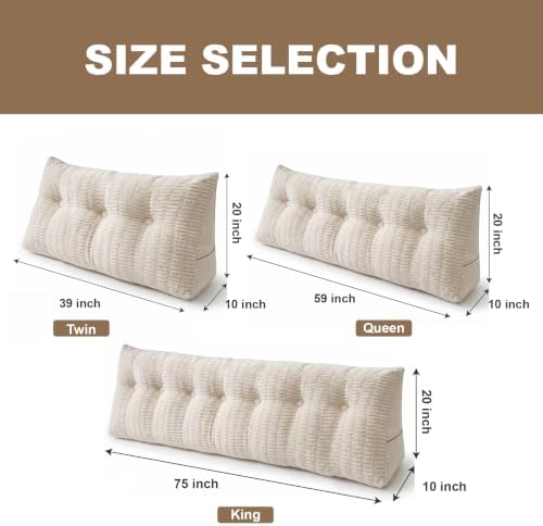 Headboard Pillow Queen, Wedge Pillow for Headboard, Backrest Pillows for Reading, Sitting, Working in Bed, Daybed Soft Pillows with Removable Cover for Bed Dorm Sofa, Beige