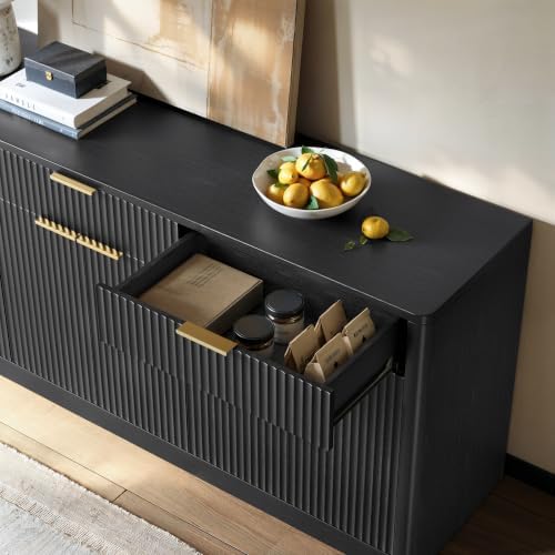 Evermagin 67" Fluted Black Sideboard Buffet Cabinet with 3 Drawers