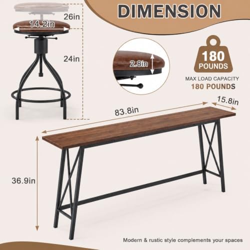 Karl home 83.8" Bar Table and Chairs Set, 4 Adjustable PU Stools, Brown