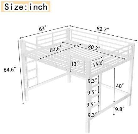 Bellemave Queen Size Loft Bed Frame with 2 Ladder, Sturdy Metal Construction & High Guardrail, Space-Saving Queen Loft Bed for Kids, No Box Spring Needed, Safe for Kids, Adults, Teens, Dorms, White