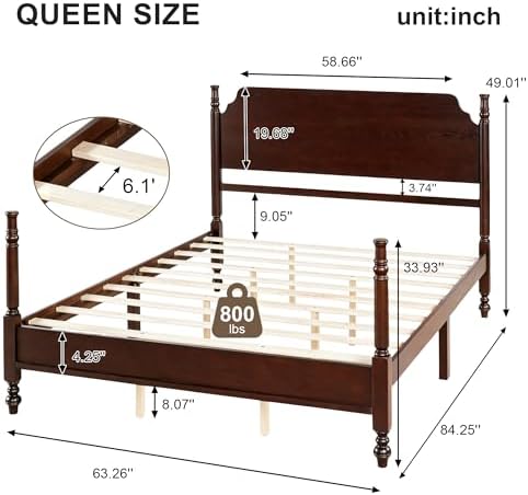 Vintage Wood Queen Bed Frame, Traditional Spindle Platform Bed with Tall Headboard, Dark Walnut Antique Style 4-Poster Design, Under Bed Storage, No Box Spring Needed (Dark Walnut, Queen)