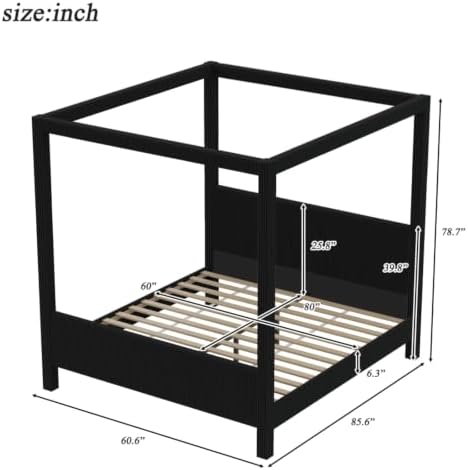 Queen Size Canopy Bed with Upholstered Headboard & Footboard, Black