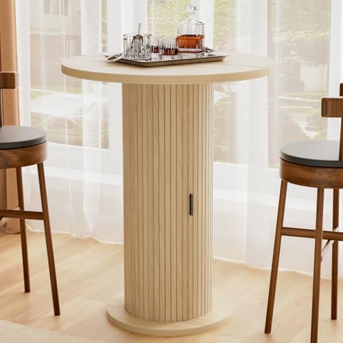 Bar Table with Storage and Sliding Door, 39.4” H 31.5” W Small Round Kitchen Table, Home Bar High Top Cocktail Table for Kitchen, Coffee Bar, Living Room, Oak