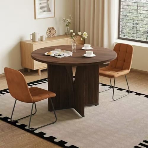 HIPIHOM Modern Round Dining Table Set for 2, 39.4" Walnut Kitchen Table with 2 PU Leather Chairs, 3-Piece Mid-Century Dining Room Set for Small Spaces, Pedestal Base & Ergonomic Padded Chairs