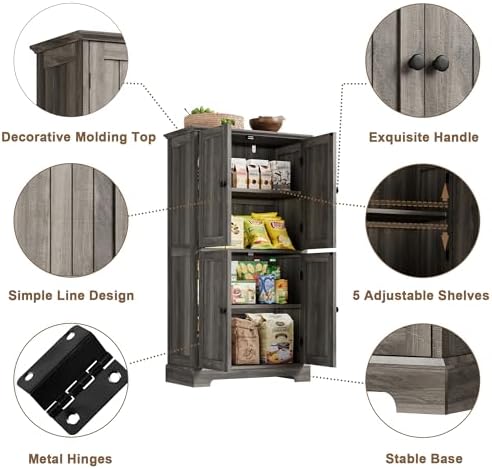 ChooChoo Bathroom Floor Cabinet with Adjustable Shelves | Bathroom Storage Cabinet, 4 Doors, Freestanding Cupboard for Living Room, Kitchen Pantry, Retro Grey
