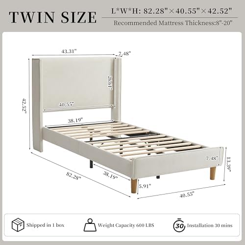Twin Corduroy Upholstered Platform Bed with Headboard Wingback, Cream