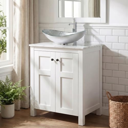 24 Inch White Bathroom Vanity with Marble Texture Top, Traditional Standing Pedestal Cabinet with Silver Boat Glass Sink