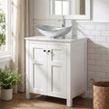 24 Inch White Bathroom Vanity with Marble Texture Top, Traditional Standing Pedestal Cabinet with Silver Boat Glass Sink