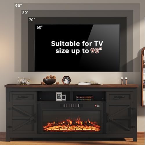 Fireplace TV Stand with Barn Door, 80 inch,Modern Black