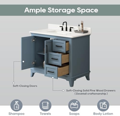 42 Inch Bathroom Vanity with Sink, Solid Wood, Steel Blue | Freestanding Single Sink Bathroom Vanity, Fully Assembled Bathroom Storage Cabinet with Soft Close Doors & Dovetail Drawers