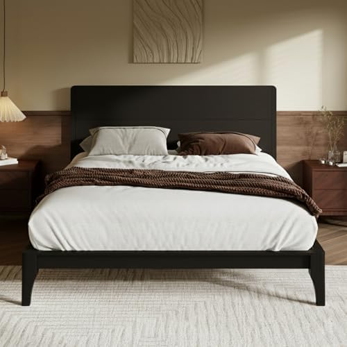 Merax Full Size Bamboo Platform Bed Frame with Tall Headboard, Black