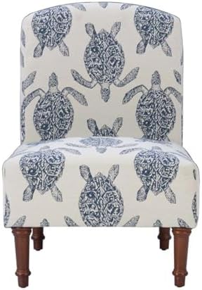 Linon Hawksbill Upholstered Turtle Print Armless Accent Chair in Blue & Cream