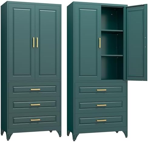 SteeLoong 75" Metal Storage Cabinet with Doors and 2 Adjustable Shelves | Kitchen Pantry Cabinet with 3 Drawers,Green Kitchen Cabinet with 2 Gold Handles,Food Cupboard for Livingroom,Pantry, Bathroom