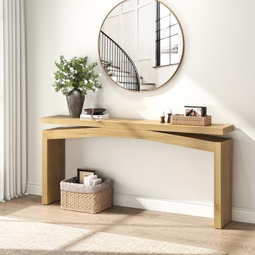 Epecoya Wooden Extra Long Console Tables for Living Room, Natural Teak