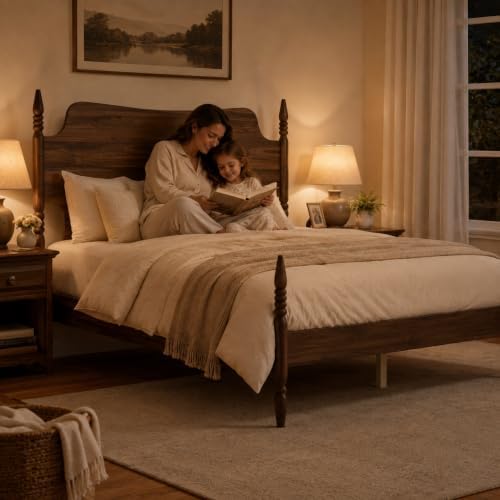 Queen Size Wood Platform Bed Frame with Tall Curved Headboard, Retro Four-Poster Spindle Bed with Solid Rubberwood Posts and Legs, No Box Spring Needed, Walnut Finish