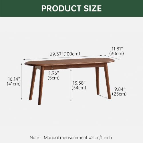 100% Solid Oak Indoor Dining Bench, Wood Bench for End of Bed with Safety Rounded Corners, Entryway Benches for Farmhouse, Kitchen, Living Room(Walnut,12" L x 39.5" W x 16.2" H)