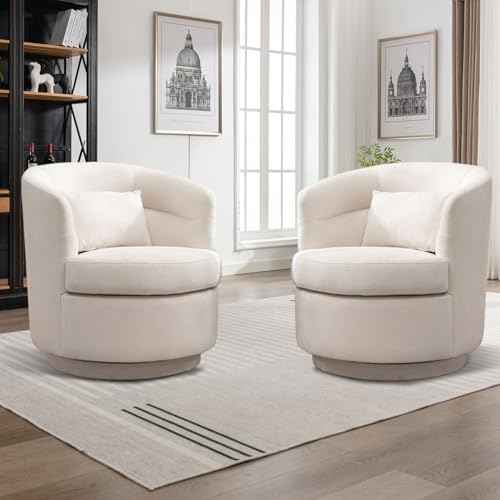 CANMOV Swivel Accent Chair Set of 2, 360 Degree Round Swivel Barrel Chair with Pillow, Upholstered Comfy Barrel Armchair Single Club Sofa Chair for Living Room, Bedroom, Reading Room,Beige