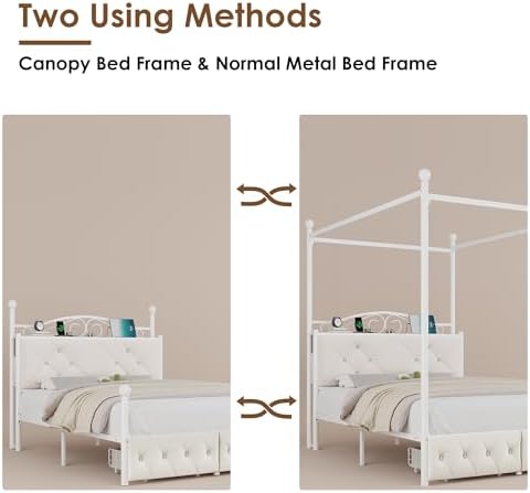 Full Upholstered Canopy Bed Frame with 2 Drawers & Crystal Tufted Storage Headboard Metal Platform Bed with Charging Station & 4 Removable Posts No Box Spring Needed Curtain Not Included, Beige