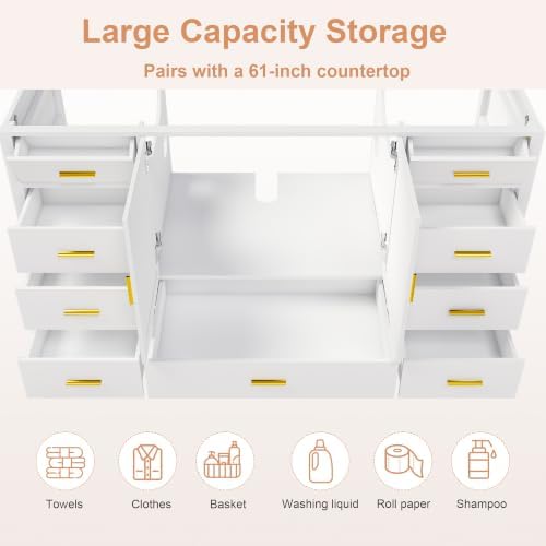 Montary 60" Modern Bathroom Vanity Base Cabinet, Solid Wood Construction | Soft-Close Double Doors & 9 Full-Extension Drawers(Basin & Top Not Included),White