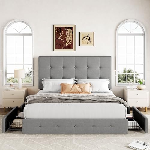 Allewie Full Size Storage Bed Frame with 4 Underbed Drawers, Upholstered Platform Bed with Adjustable Headboard, Square Button Tufted, Easy Assembly, Noise-Free, No Box Spring Needed, Light Grey
