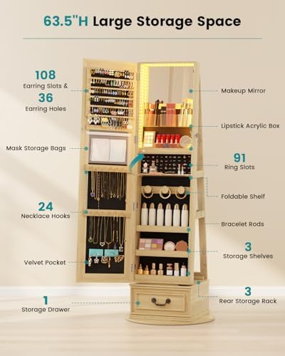 Vlsrka Mirror Jewelry Cabinet Standing with Lights, Lockable, Swivel, Wood | Standing Jewelry Armoire with Full Length Mirror, Large Jewelry Organizer Storage with Foldable Makeup Shelf, 3 LED Lights