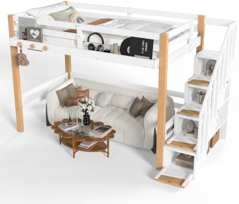 KEIKI Twin Size Wooden Loft Bed Frame with Staircase, Clothes Hook, White