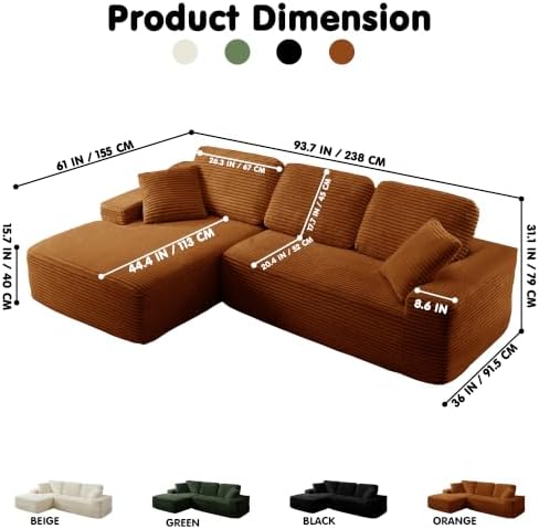 Modular Sectional Sofa, Convertible Sofa Bed, No Assembly Required Cloud Couch with Deep Seat, Modern L-Shaped Boneless Sofa for Living Room (Orange)