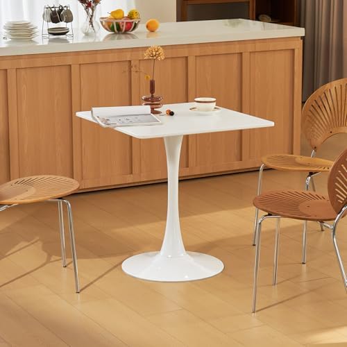 Square Dining Table, 27.6" Tulip Table with Thickened Tabletop & Metal Pedestal, Mid Century Modern Bistro Table for Kitchen, Small Places, Living Room, Cafe (White)