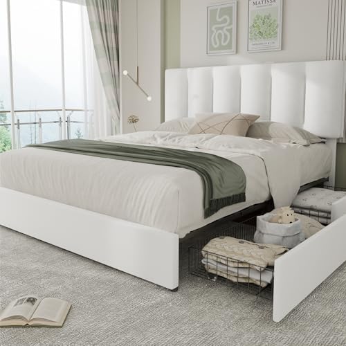 VECELO Queen Size Bed Frame with 4 Storage Drawers, Adjustable Height Headboard, Heavy-Duty Platform Bedframe with Strong Wooden Slats, No Box Spring Needed, Pure White