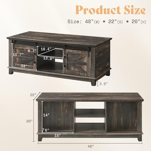AMERLIFE 4 Piece Farmhouse Table Set, TV Stand, 2 Bookcases & Coffee Table, Entertainment Center for 65 Inch Television with Sliding Barn Doors & Storage Drawers, for Living Room, Bedroom, Oak Black