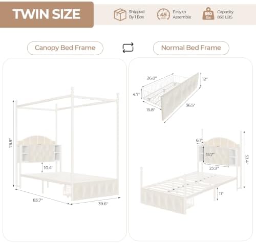 Twin Size Upholstered LED Canopy Bed Frame with 2 Drawers and & Charging Station, Button Tufted Storage Headboard, Metal Platform Bed with 4 Removable Posts, No Box Spring Needed, White