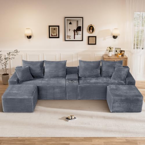 127" U Shaped Cloud Couch Modular Sectional Sofa, Comfy Fluffy Corduroy Grey Boneless Sectional Couches for Living Room, Modern Cloud Sofas with Cup Holders & USB Port, Grey